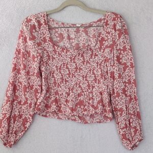SHEIN Junior's Pink Smocked Square Neck Cropped Boho Shirt‎ Size M
